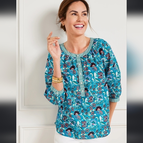 Talbots 2X P Plus Split Neck Popover Blouse Top Floral Classic Costal Bohemian - Picture 1 of 9